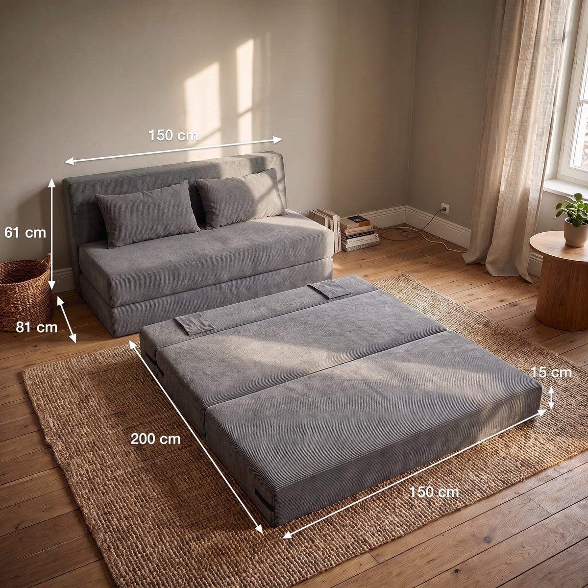 Lagune : pliée 150 × 81 × 61 cm, dépliée 150 × 200 cm, matelas 15 cm