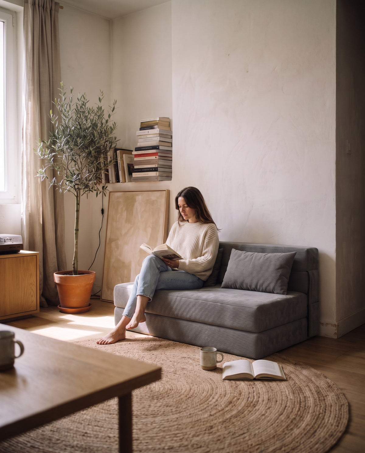 Une femme lit, assise sur la Lagune