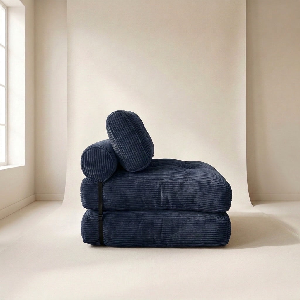 Chauffeuse Dune vue de profil avec coussin de dossier et traversin