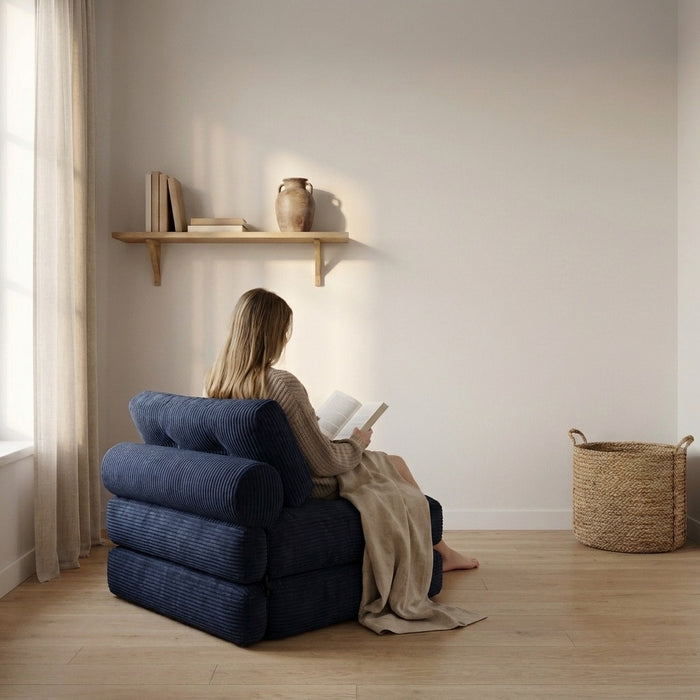 Une femme lit, assise sur la chauffeuse Dune bleu nuit dans une chambre
