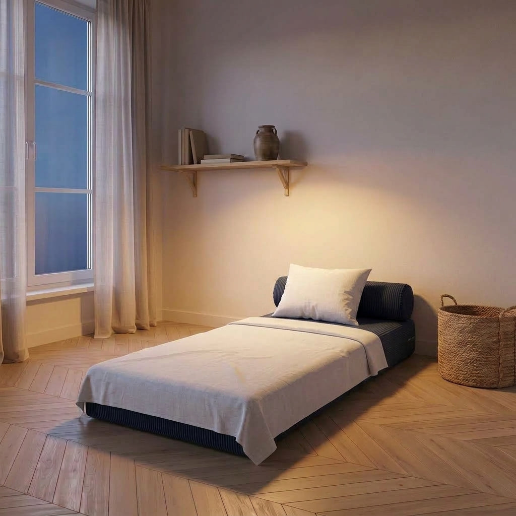 Chauffeuse Dune bleu nuit dépliée le soir, avec un drap léger et un coussin