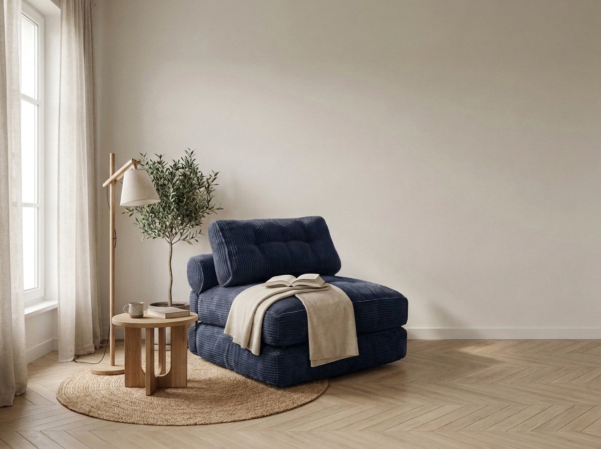 Chauffeuse convertible Dune bleu nuit en fauteuil dans un salon lumineux